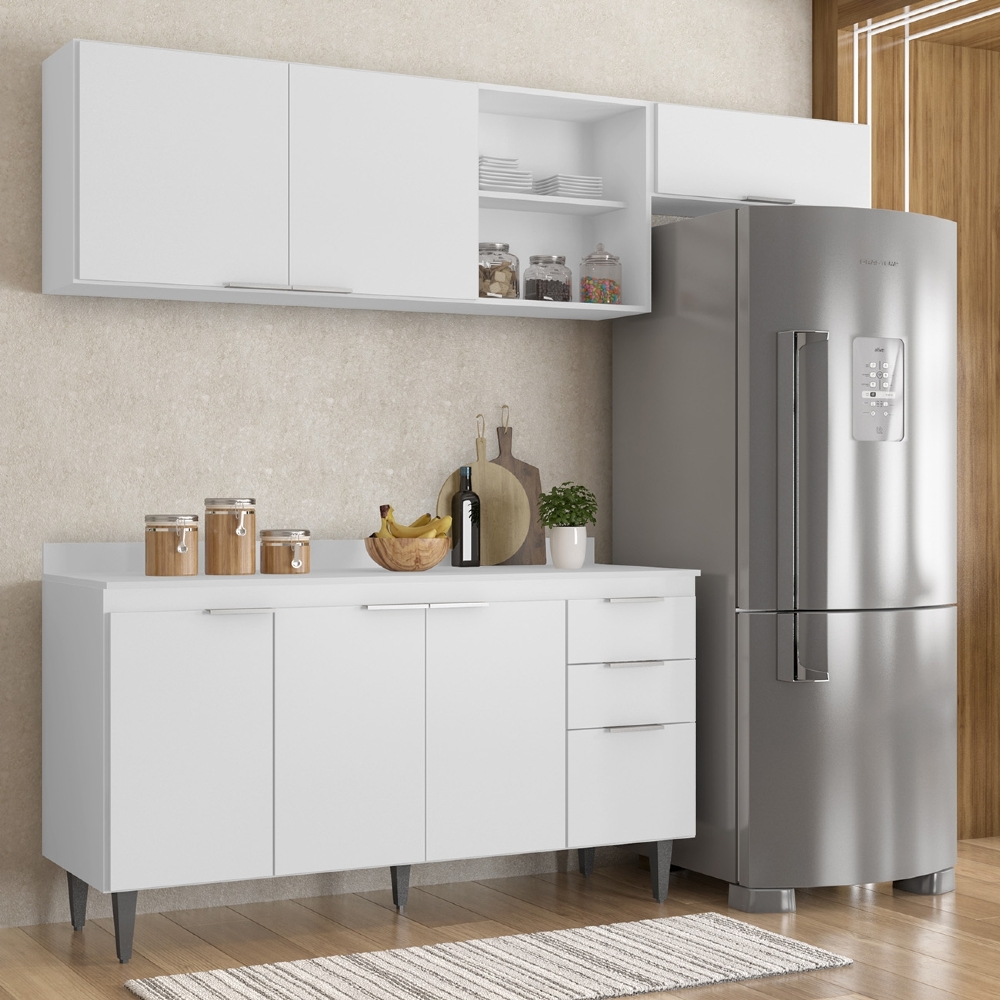 Armário de Cozinha Com Tampo CP03 220cm Pérola Branco Z34     - Mpozenato