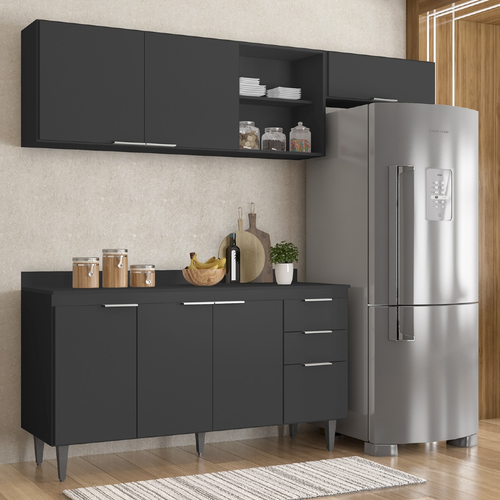 Armário de Cozinha Com Tampo CP03 220cm Pérola Preto Z34      - Mpozenato