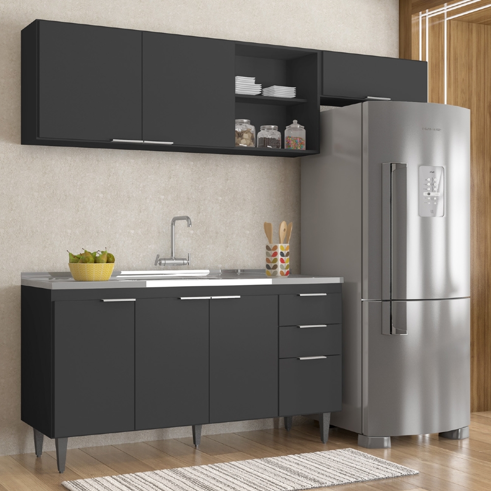 Armário de Cozinha CP03 Com Pia 150cm Pérola Z34 Preto      - Mpozenato