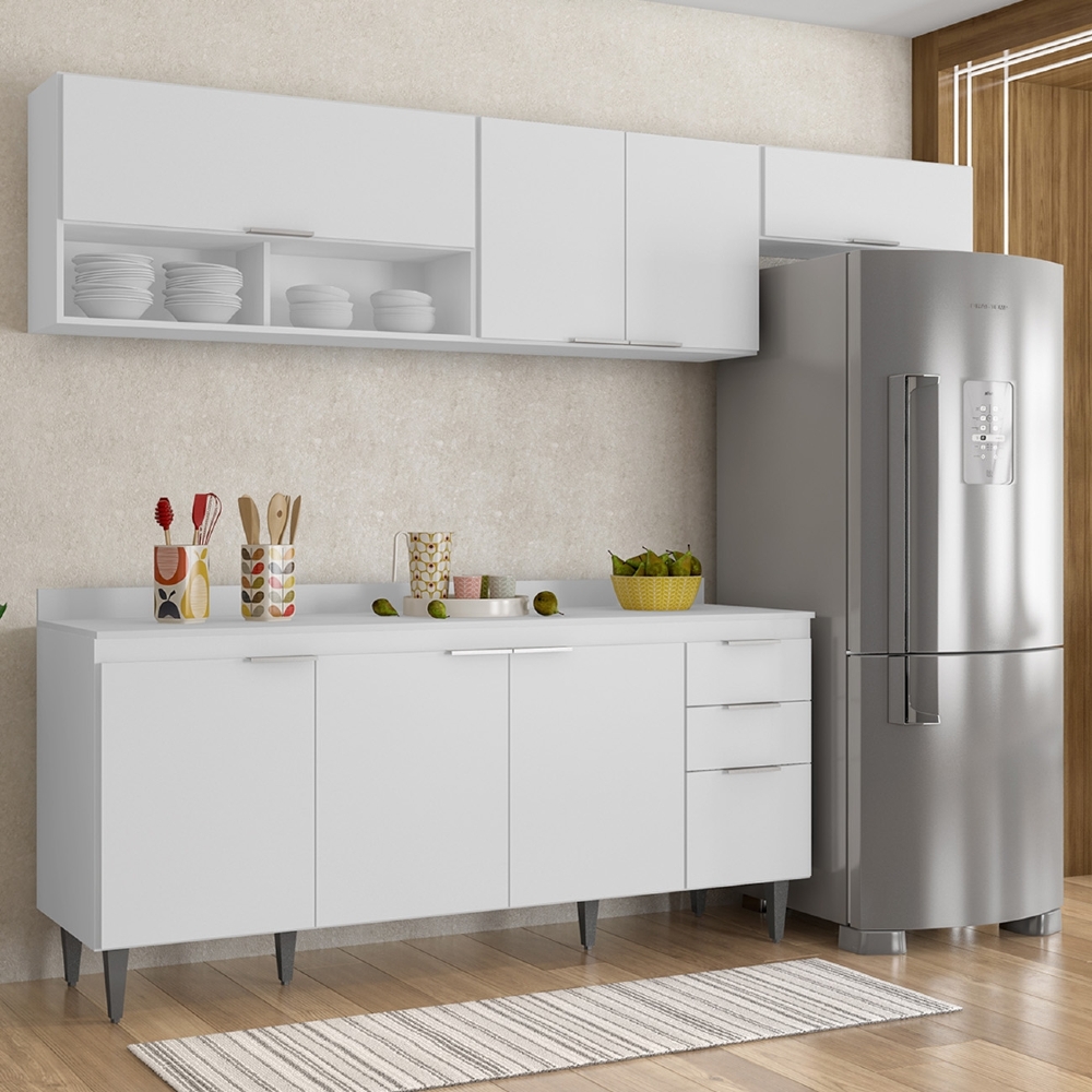 Armário de Cozinha Com Tampo CP03 250cm Pérola Branco Z34     - Mpozenato