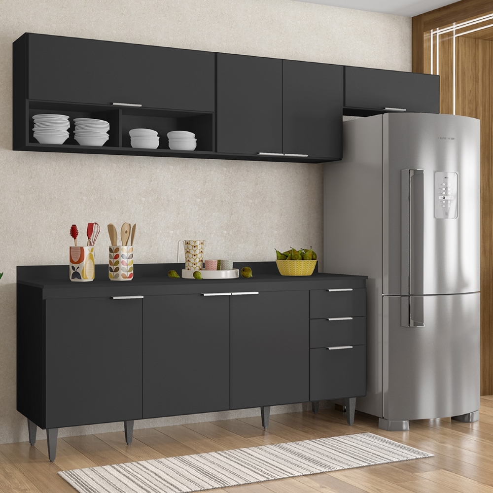 Armário de Cozinha Com Tampo CP03 250cm Pérola Preto Z34      - Mpozenato