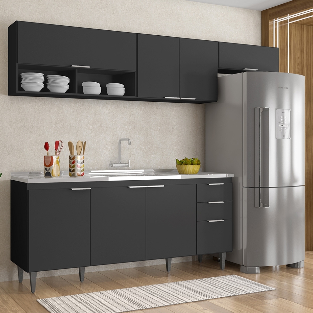 Armário de Cozinha CP03 Com Pia 180cm Pérola Z34 Preto      - Mpozenato