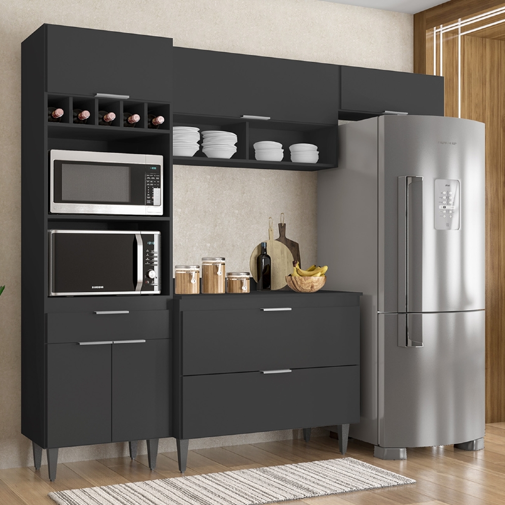 Armário de Cozinha Com Tampo CP04 230cm Pérola Preto Z34      - Mpozenato