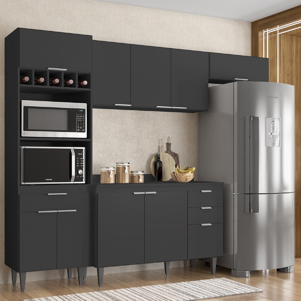 Armário de Cozinha Com Tampo CP04 250cm Pérola Preto Z34      - Mpozenato