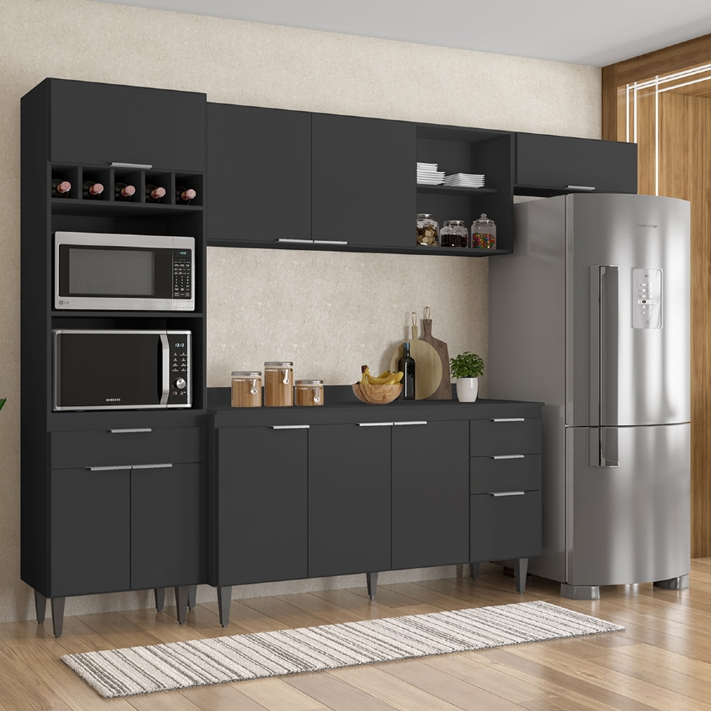 Armário de Cozinha Com Tampo CP04 280cm Pérola Preto Z34      - Mpozenato