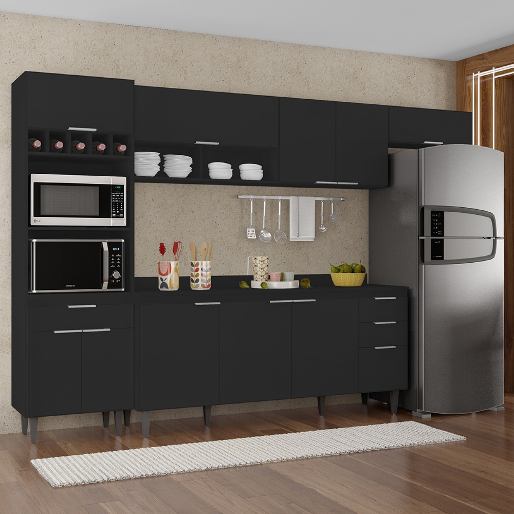 Armário de Cozinha Com Tampo CP04 310cm Pérola Preto Z34      - Mpozenato