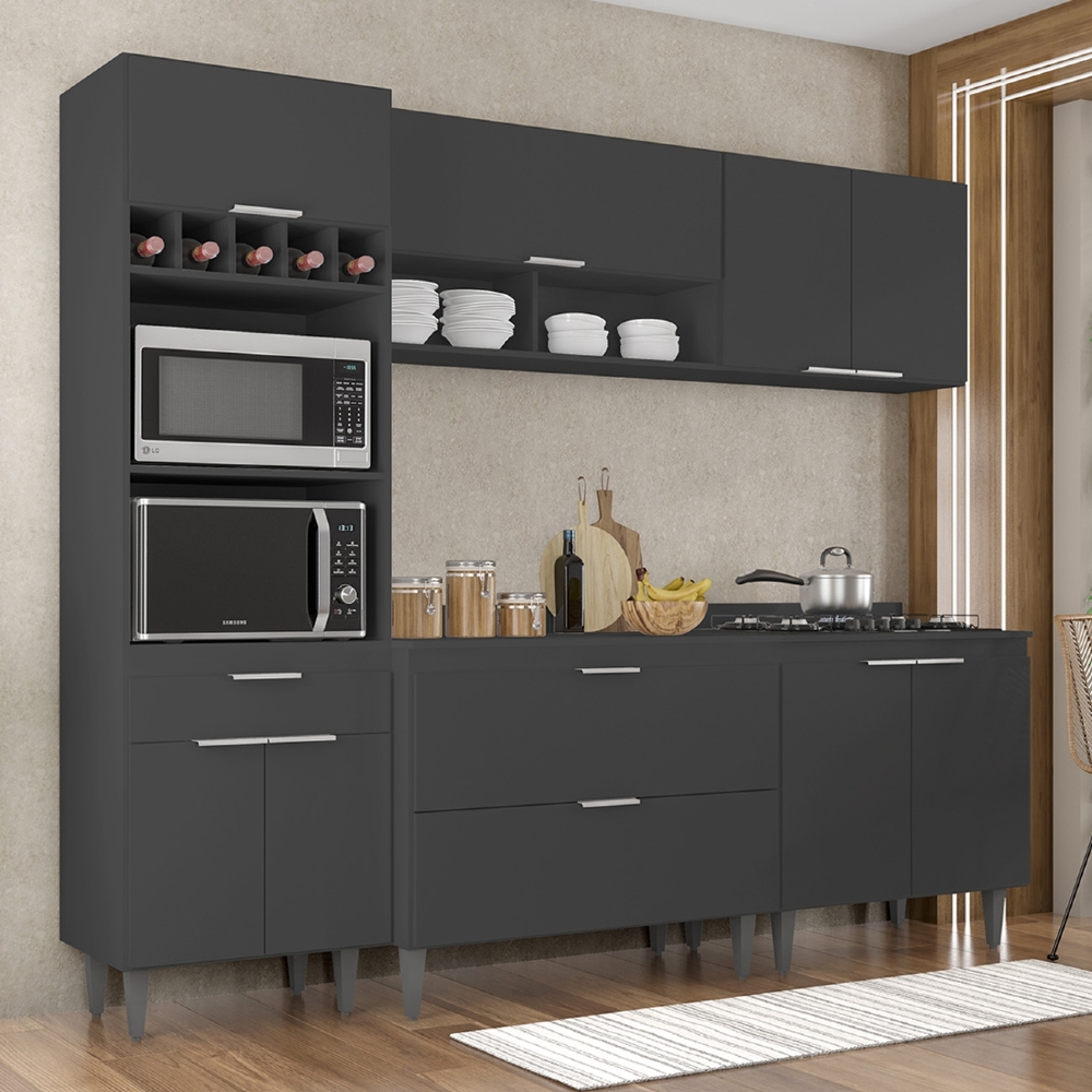 Armário de Cozinha Com Tampo CP05 240cm Pérola Preto Z34      - Mpozenato