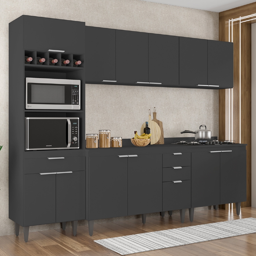 Armário de Cozinha Com Tampo CP05 260cm Pérola Preto Z34      - Mpozenato