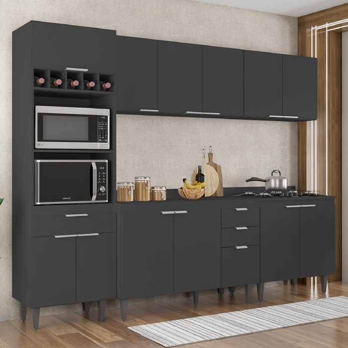 Armário de Cozinha Com Tampo CP05 260cm Pérola Preto Z34      - Mpozenato