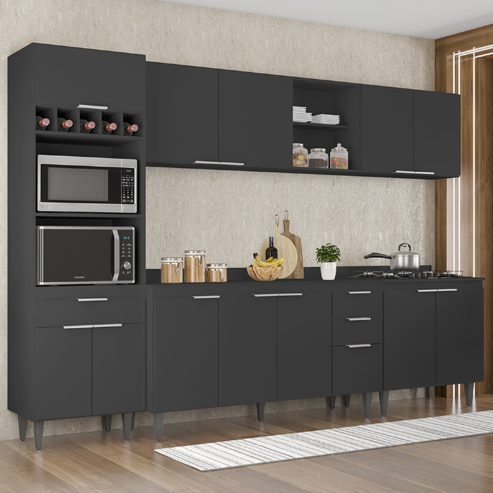 Armário de Cozinha Com Tampo CP05 290cm Pérola Preto Z34      - Mpozenato