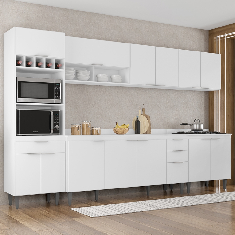 Armário de Cozinha Com Tampo CP05 320cm Pérola Branco Z34     - Mpozenato