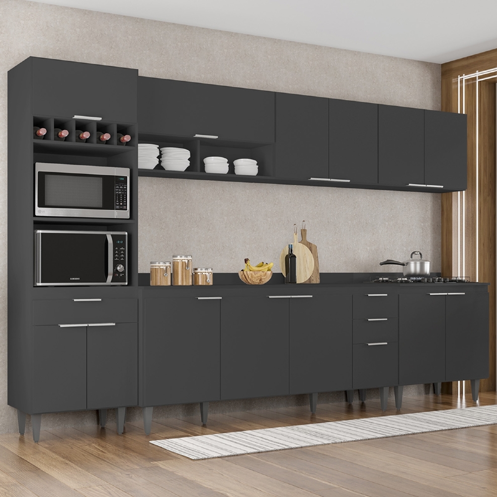 Armário de Cozinha Com Tampo CP05 320cm Pérola Preto Z34      - Mpozenato