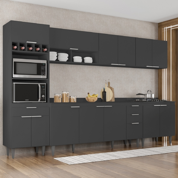 Armário de Cozinha Com Tampo CP05 320cm Pérola Preto Z34      - Mpozenato