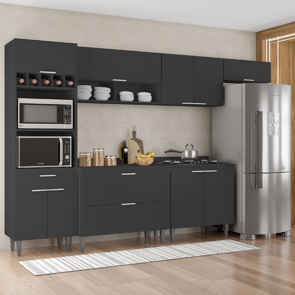 Armário de Cozinha Com Tampo CP06 310cm Pérola Preto Z34      - Mpozenato