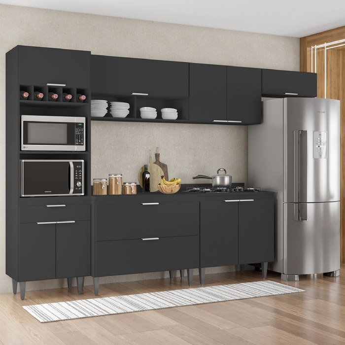 Armário de Cozinha Com Tampo CP06 310cm Pérola Preto Z34      - Mpozenato