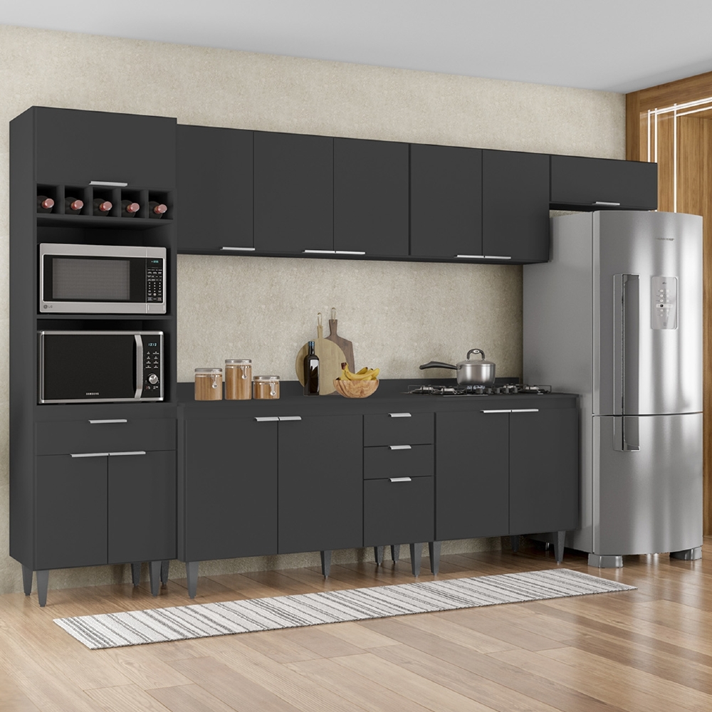 Armário de Cozinha Com Tampo CP06 330cm Pérola Preto Z34      - Mpozenato