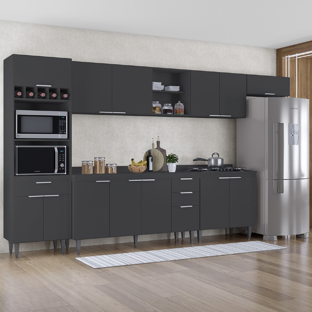 Armário de Cozinha Com Tampo CP06 360cm Pérola Preto Z34      - Mpozenato