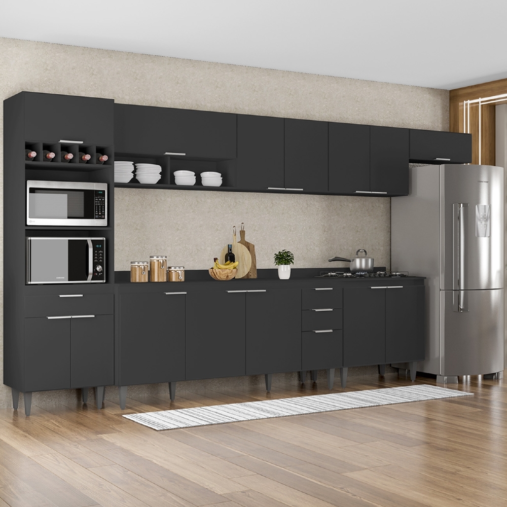 Armário de Cozinha Com Tampo CP06 390cm Pérola Preto Z34      - Mpozenato