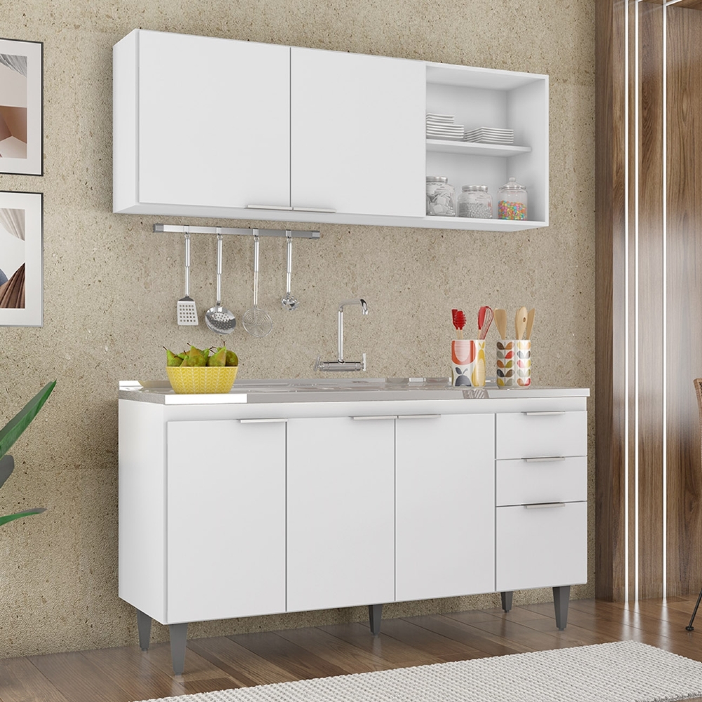Armário de Cozinha CP01 Com Pia 150cm Pérola Z34 Branco     - Mpozenato