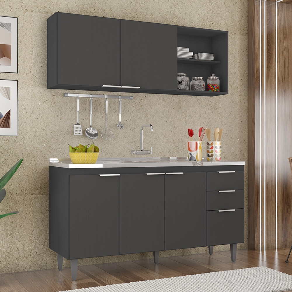 Armário de Cozinha CP01 Com Pia 150cm Pérola Z34 Preto      - Mpozenato