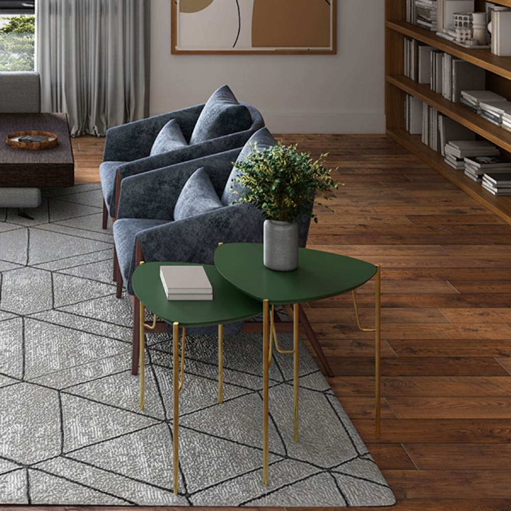 Mesa Lateral Para Sala Pés Metálicos Kit 2 Blen Musgo/Dourado I06 - Mpozenato