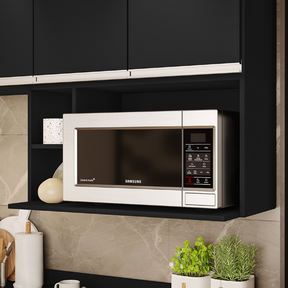 Suporte Microondas Aéreo 81cm com Nicho Adega Miami Preto   - Lumil