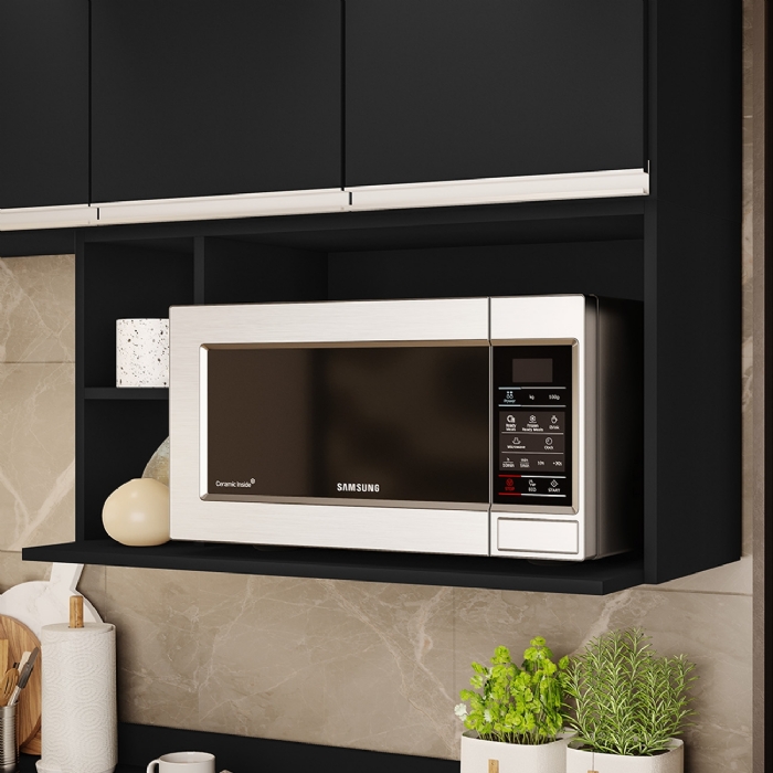Suporte Microondas Aéreo 81cm com Nicho Adega Miami Preto   - Lumil