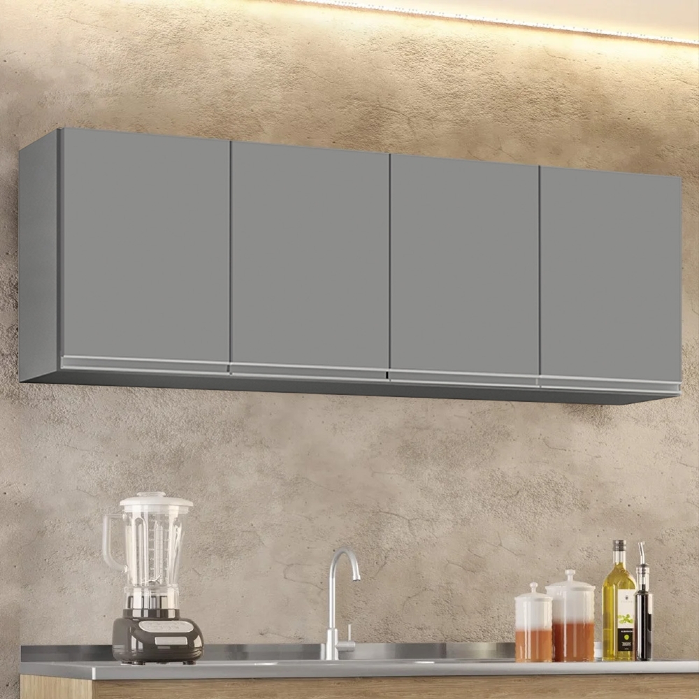 Armário de Cozinha Aéreo 160cm Com 4 Portas Nevada Cinza    - Lumil