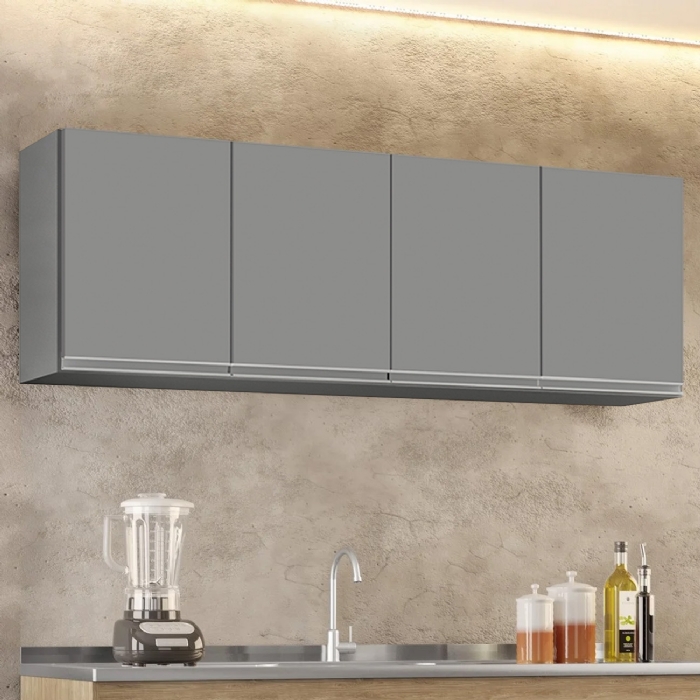 Armário de Cozinha Aéreo 160cm Com 4 Portas Nevada Cinza    - Lumil