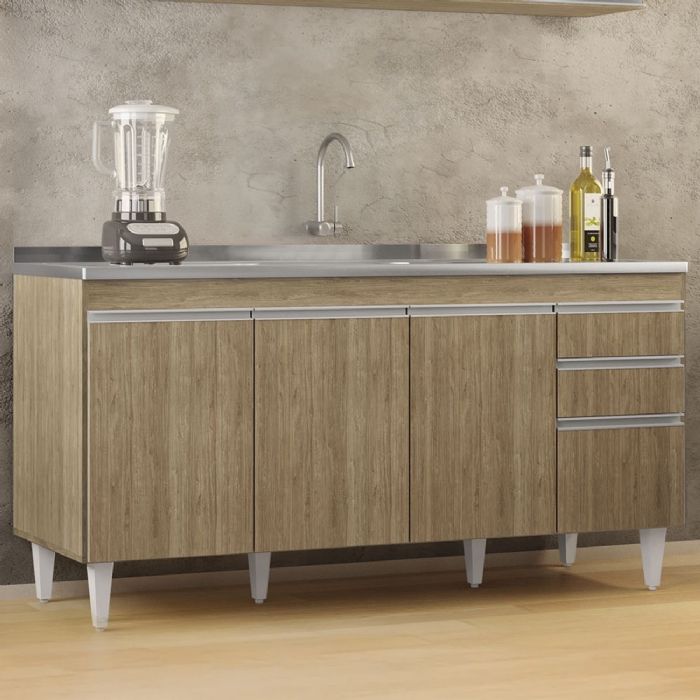 Balcão de Cozinha Com Pia Inox 160cm Arkansas Castanho      - Lumil