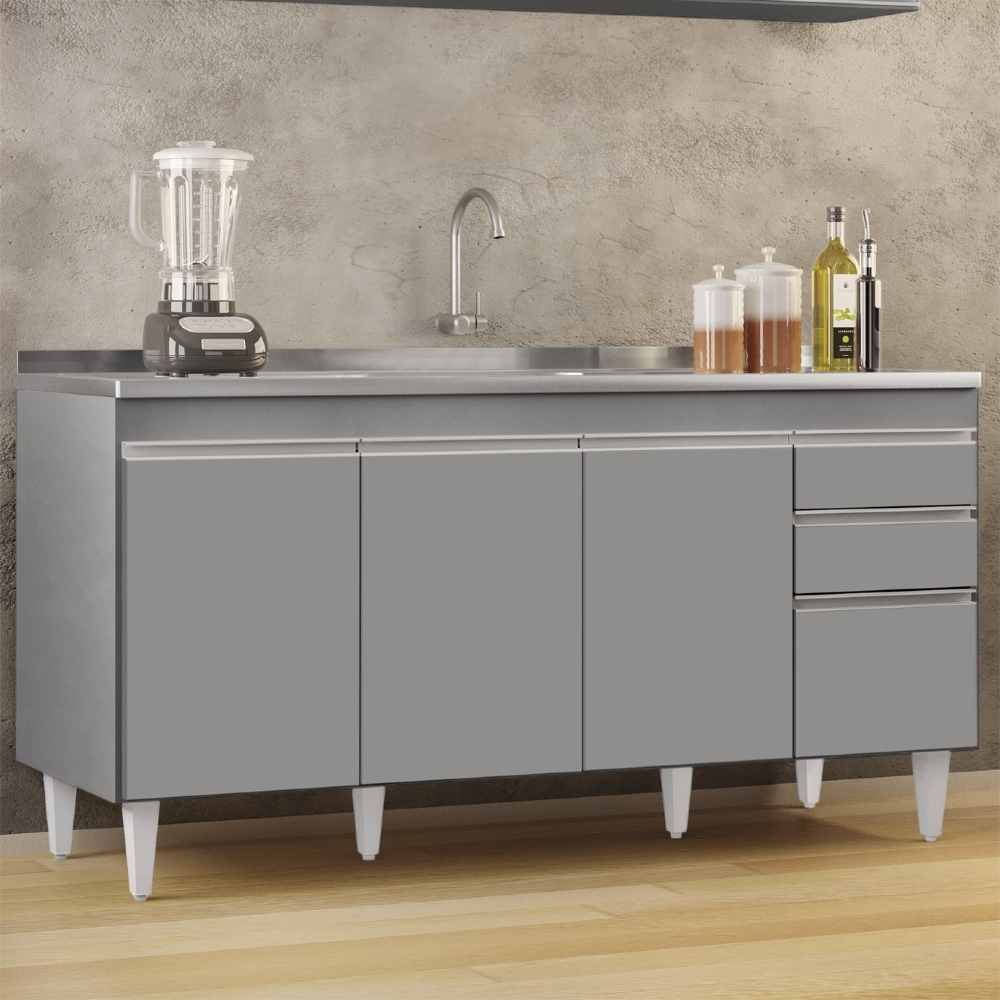 Balcão de Cozinha Com Pia Inox 160cm Arkansas Cinza         - Lumil