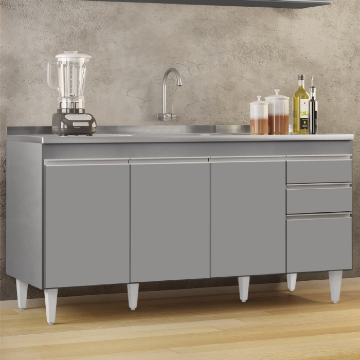 Balcão de Cozinha Com Pia Inox 160cm Arkansas Cinza         - Lumil