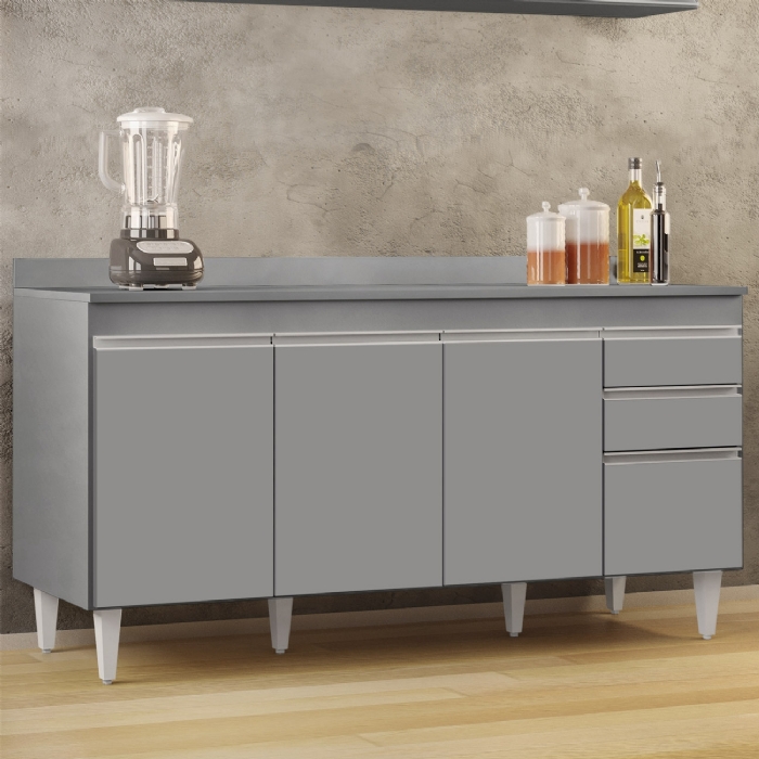 Balcão de Cozinha Para Pia Com Tampo 160cm Arkansas Cinza   - Lumil