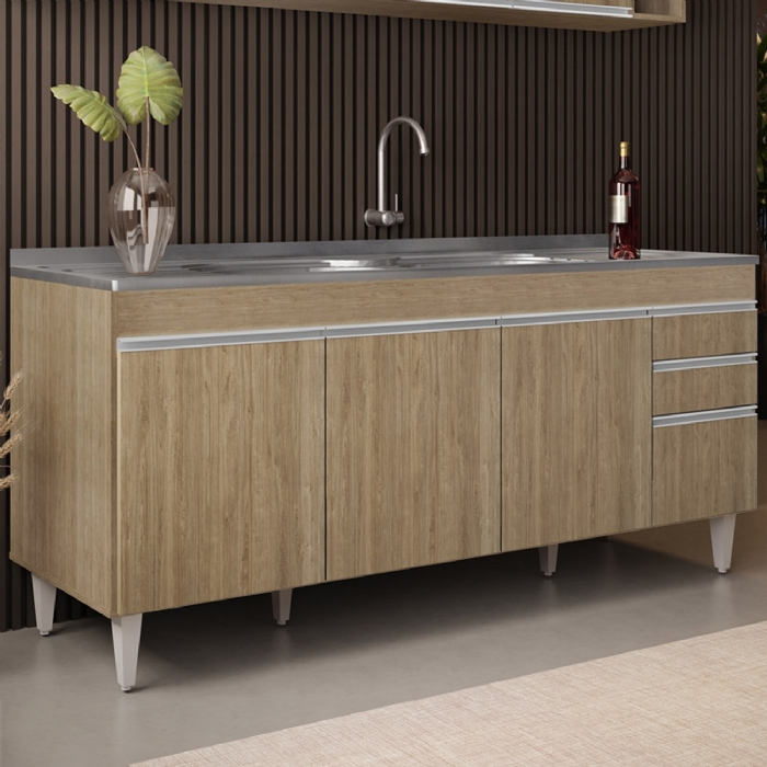 Balcão de Cozinha Com Pia Inox 180cm Dallas Castanho        - Lumil