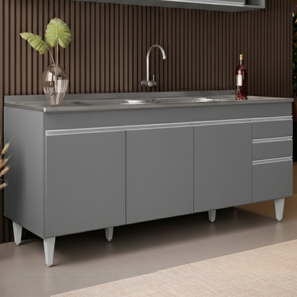 Balcão de Cozinha Com Pia Inox 180cm Dallas Cinza           - Lumil