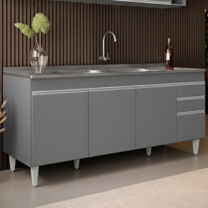 Balcão de Cozinha Com Pia Inox 180cm Dallas Cinza           - Lumil