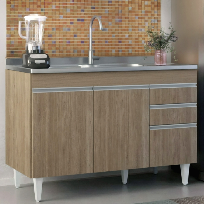 Balcão de Cozinha Com Pia Inox 120cm Michigan Castanho      - Lumil