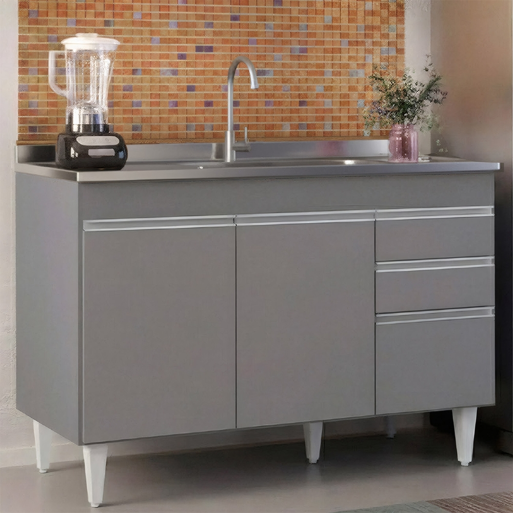 Balcão de Cozinha Com Pia Inox 120cm Michigan Cinza         - Lumil