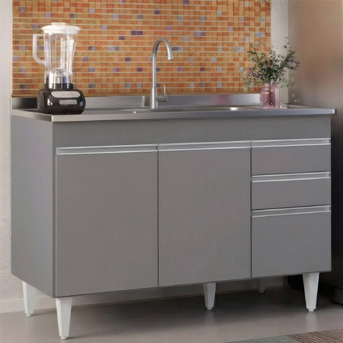 Balcão de Cozinha Com Pia Inox 120cm Michigan Cinza         - Lumil