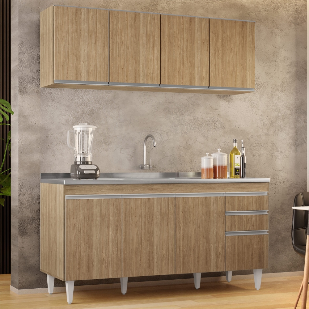 Armário Cozinha e Balcão Com Pia 160cm Arkansas Castanho    - Lumil