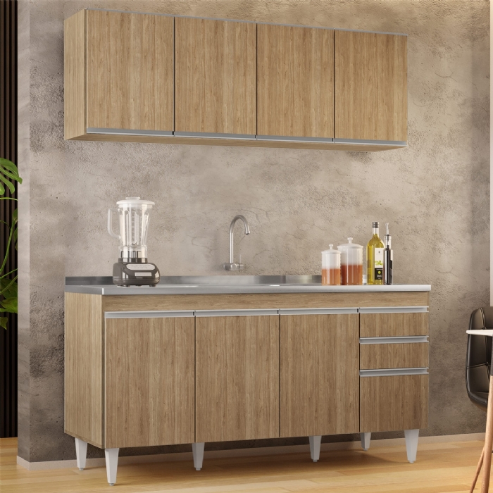 Armário Cozinha e Balcão Com Pia 160cm Arkansas Castanho    - Lumil