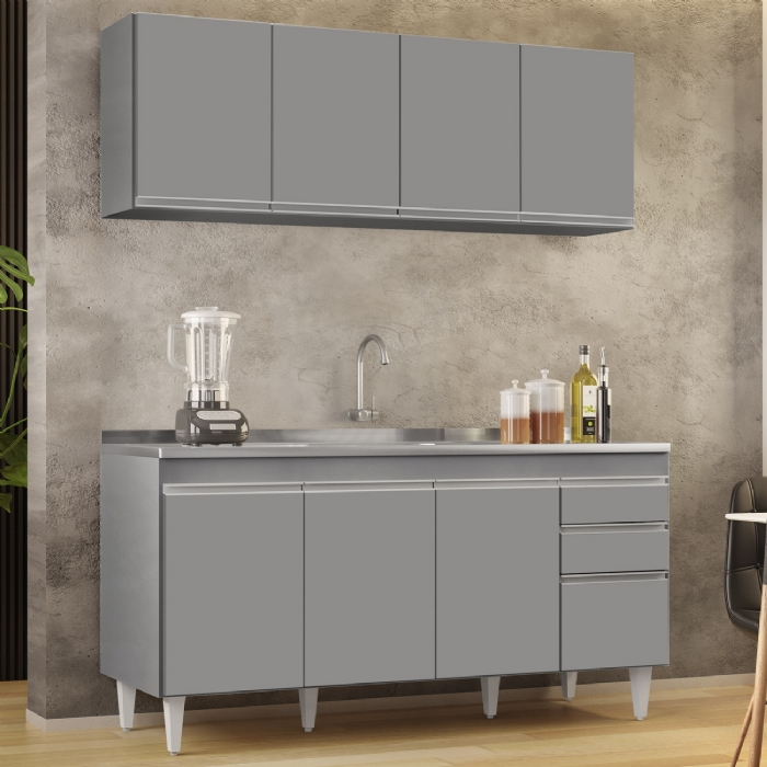 Armário Cozinha e Balcão Com Pia 160cm Arkansas Cinza       - Lumil