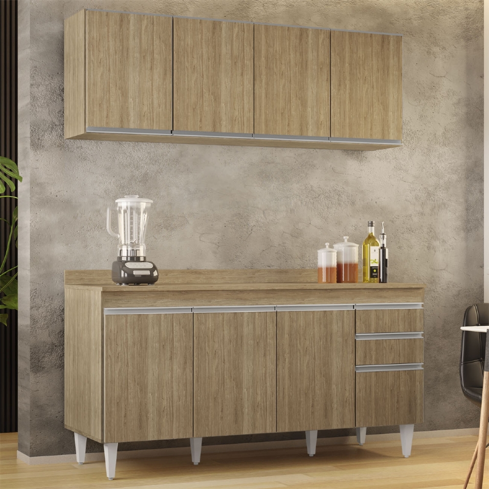 Armário Cozinha e Balcão Com Tampo 160cm Arkansas Castanho  - Lumil