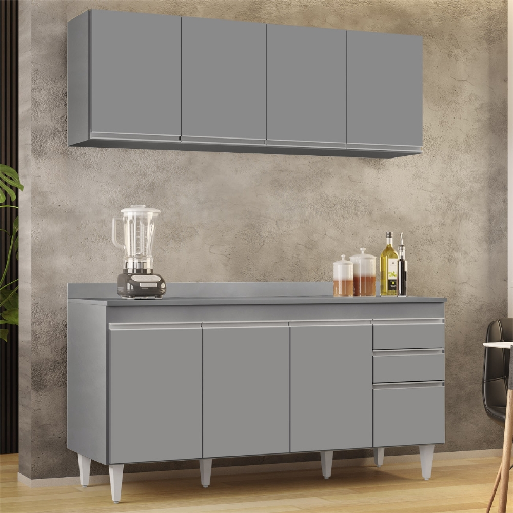 Armário Cozinha e Balcão Com Tampo 160cm Arkansas Cinza     - Lumil