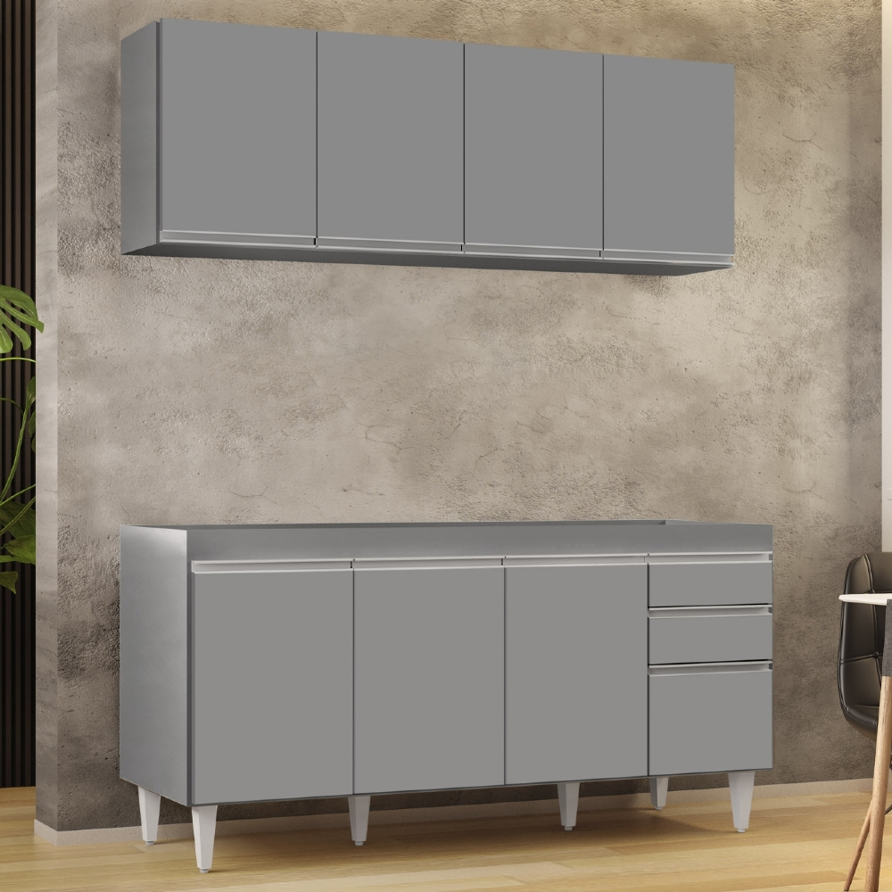 Armário Cozinha e Balcão Para Pia 160cm Arkansas Cinza      - Lumil