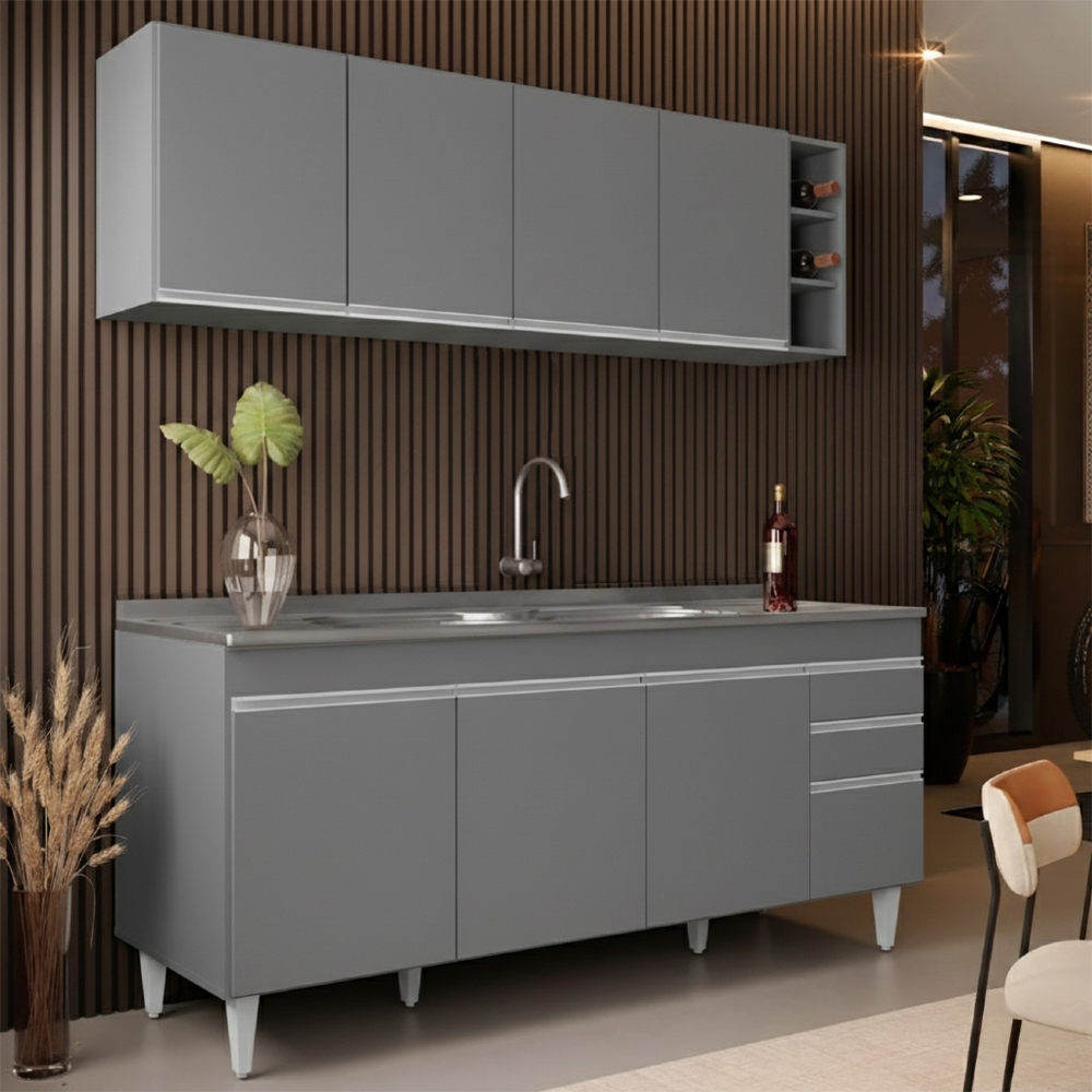 Armário Cozinha e Balcão Com Pia 180cm Dallas Cinza         - Lumil