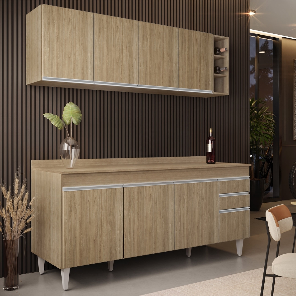 Armário Cozinha e Balcão Com Tampo 180cm Dallas Castanho    - Lumil