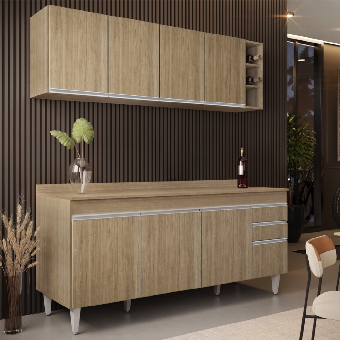 Armário Cozinha e Balcão Com Tampo 180cm Dallas Castanho    - Lumil