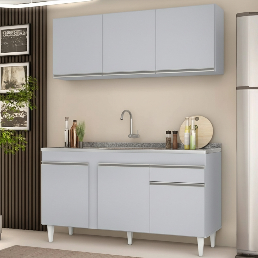 Armário Cozinha e Balcão Com Pia 150cm Dakota Cinza Claro   - Lumil