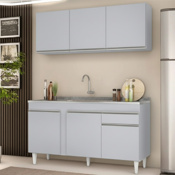 Armário Cozinha e Balcão Com Pia 150cm Dakota Cinza Claro   - Lumil